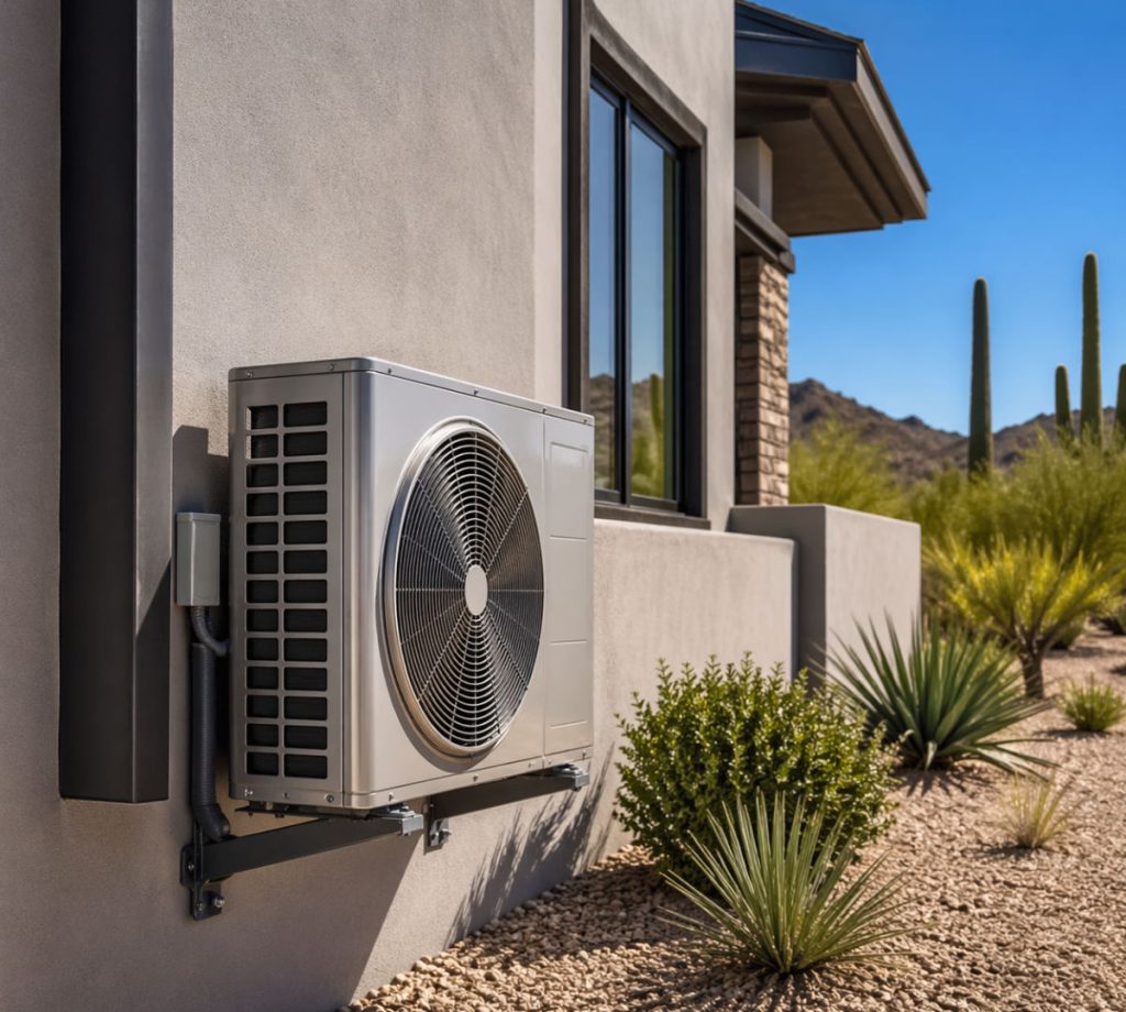 Split AC unit mounted on the side of a home